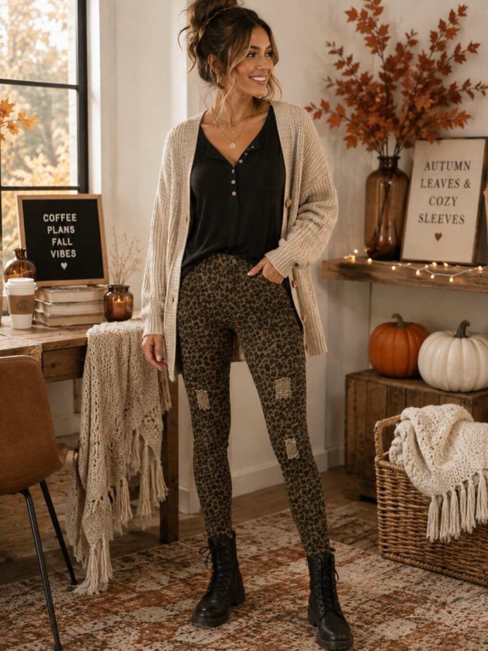 Mittoshop Leopard Print Jeans Olive Distressed Straight Leg Stretch S M‎ L